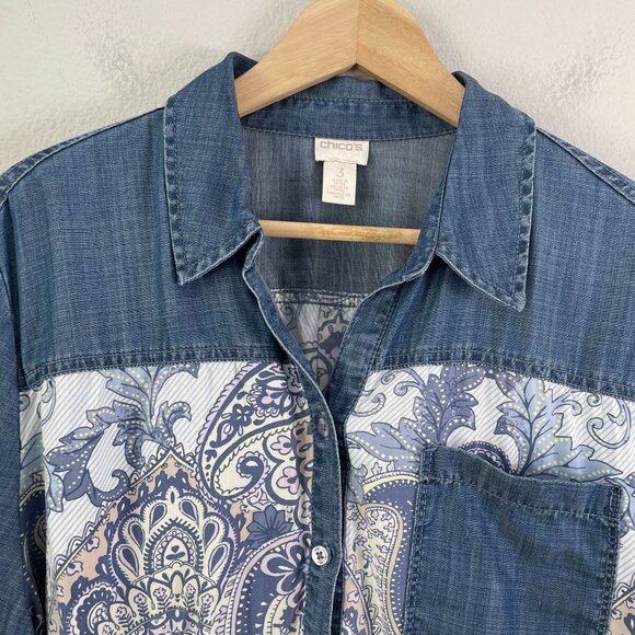 Chicos Womens XL Blue White Mixed Print Button Up Shirt Roll Tab Sleeve Blouse - Picture 8 of 11